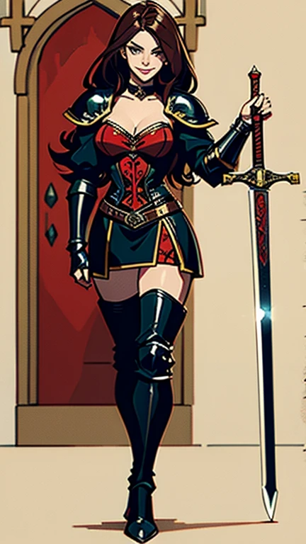 medieval rouge, girl, full body, beautiful face, feat, brunet hair, fit, 18, smiling, holding a sword, wearing medieval leather armor