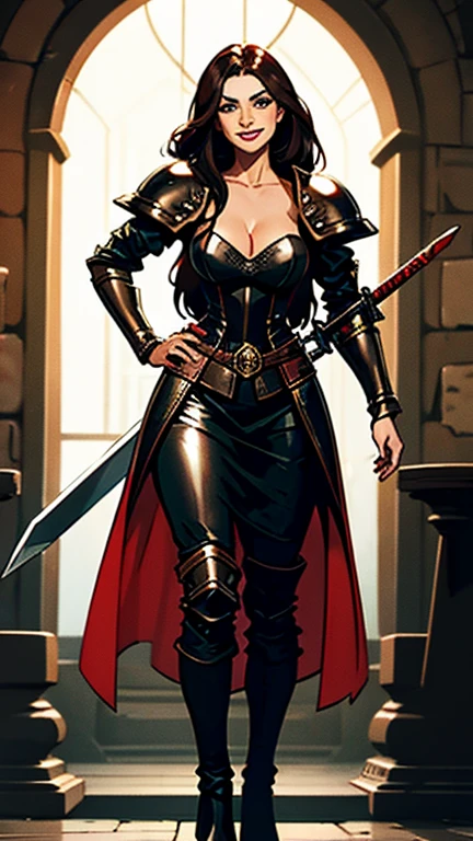 medieval rouge, girl, full body, beautiful face, feat, brunet hair, fit, 18, smiling, holding a sword, wearing medieval leather armor