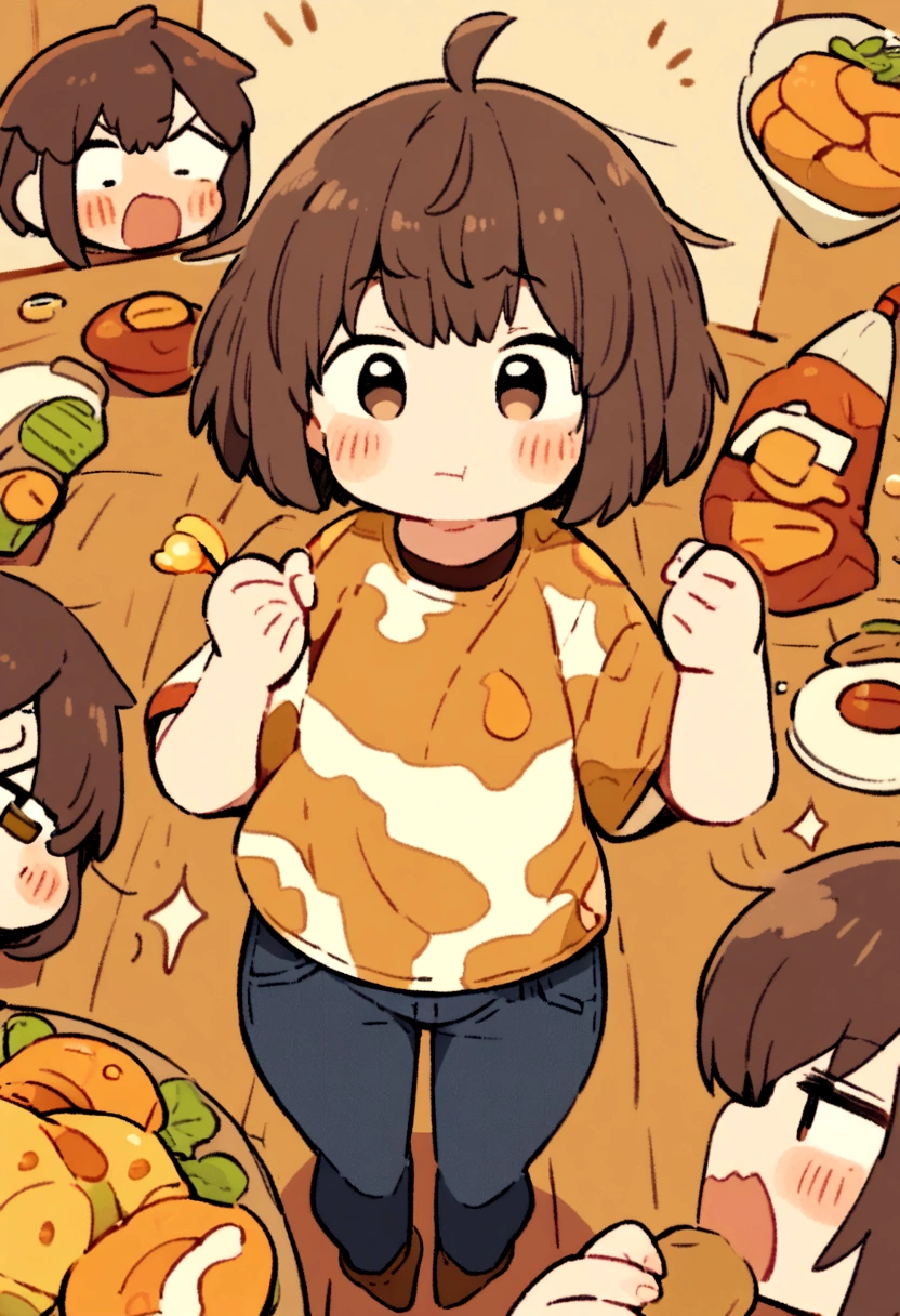 a comic page about a 24 year old fat woman adjusting to life with her 40 year old mother as her second head having an accident visibly as she eats a huge dinner using only her mother’s head in public.