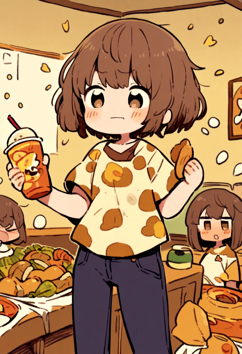 fat girl, frustrated face, short brown hair, brown eyes, unbuttoned jeans, worn out t-shirt, big leaking belly, small breasts, messy room with fast food wrappers scattered around, dimly lit room