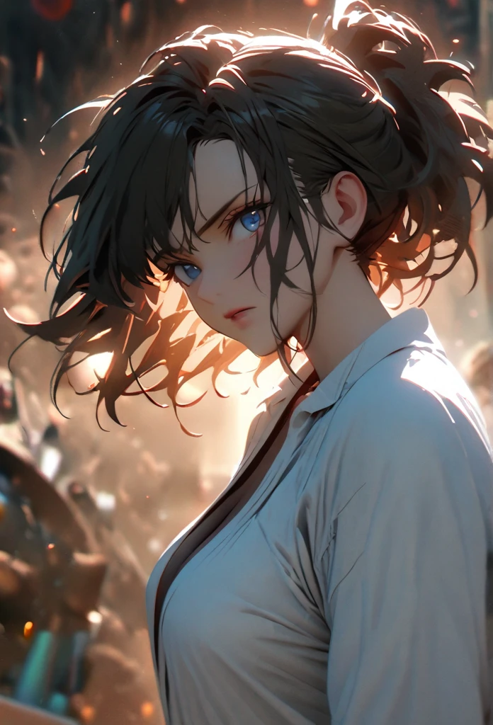 (solo), black hair, messy hair, mane hair, short hair, dense hair, wild hair, expressive hair, mature,(25 year old), pale skin, blue eyes, ((Female)), beatiful girl, wearing a white shirt, open shirt, long white pants, serious, beautiful, attractive, large breast, big ass, eye reflection, depth of field, thunder aura, cinematic lighting, ray tracing, depth of field, cinematic lighting, ray tracing, UHD, high details, best quality, highres, high quality, award winning, super detail, masterpiece, 8k, UHD, high details, best quality, highres, high quality, award winning, super detail, masterpiece, 8k, digital art, anime coloring, body shot, good face, perfect face, detailed face, good eyes. Space and planets background