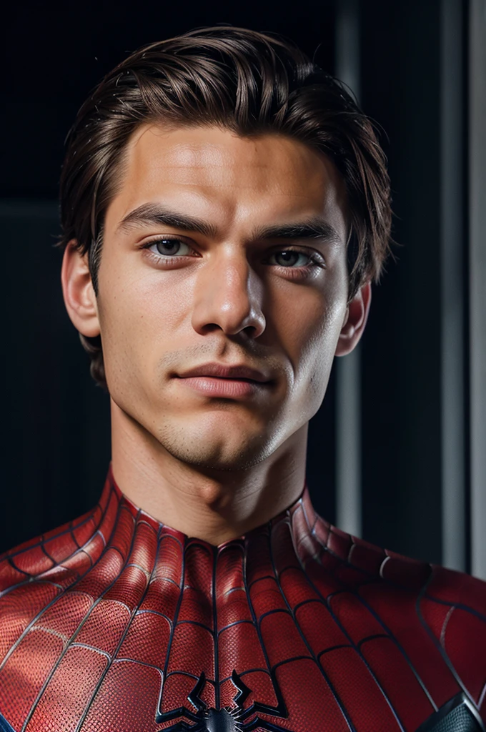 A photograph of spider man, no mask, 20 yo, handsome, detailed face, looking at camera, portrait, 8k uhd, high quality