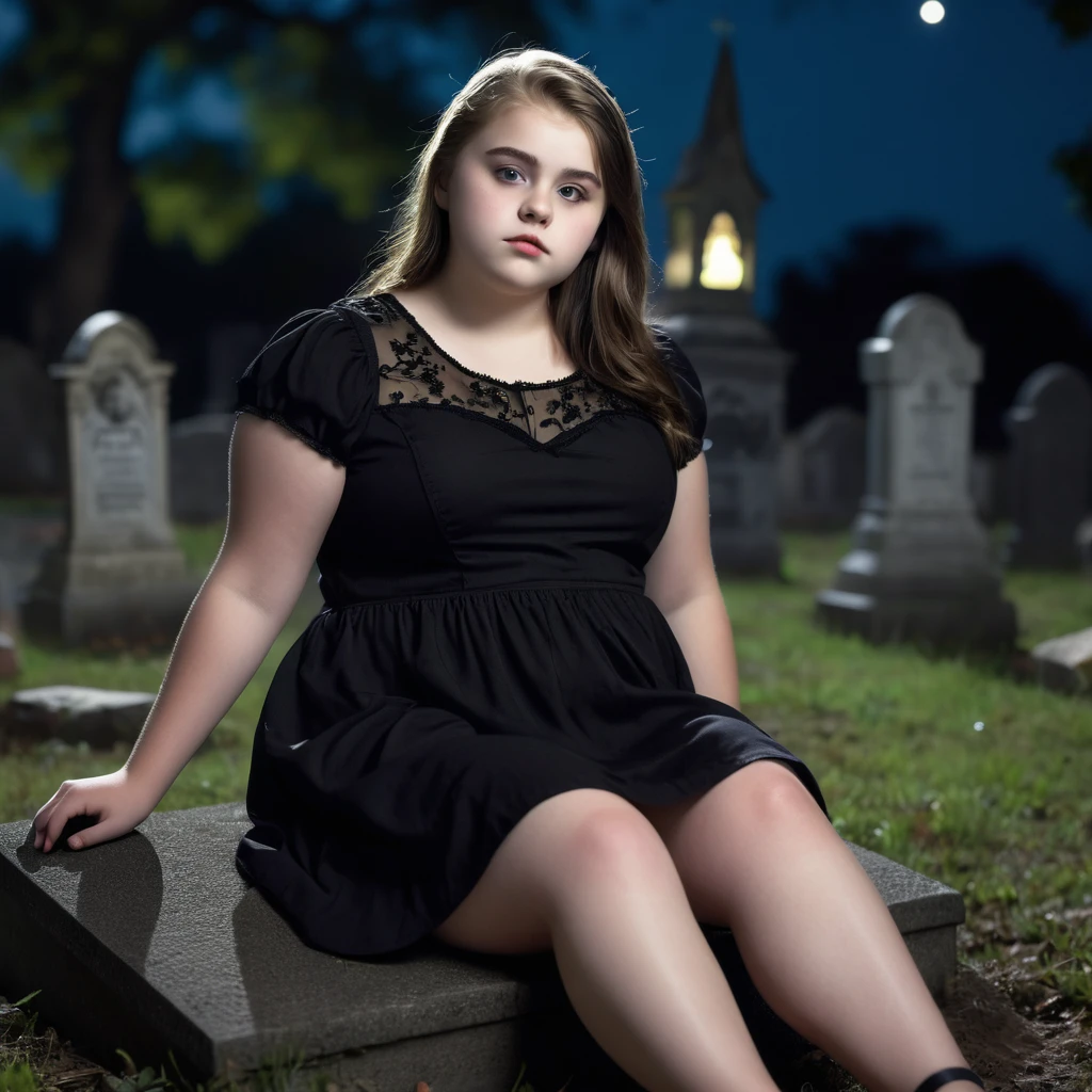 (masterpiece), (extremely intricate:1.3), (realistic), photo of a a bit chubby charming pale polish teen girl wearing a short black dress and black flip flops, (she sits on a grave), spooky graveyard at night, professional photograph of a stunning teen girl detailed, sharp focus, dramatic, award winning, cinematic lighting, volumetrics dtx, (film grain, blurry background, blurry foreground, bokeh, depth of field, night, motion blur:1.3), 4k, 8k, hd, hdr