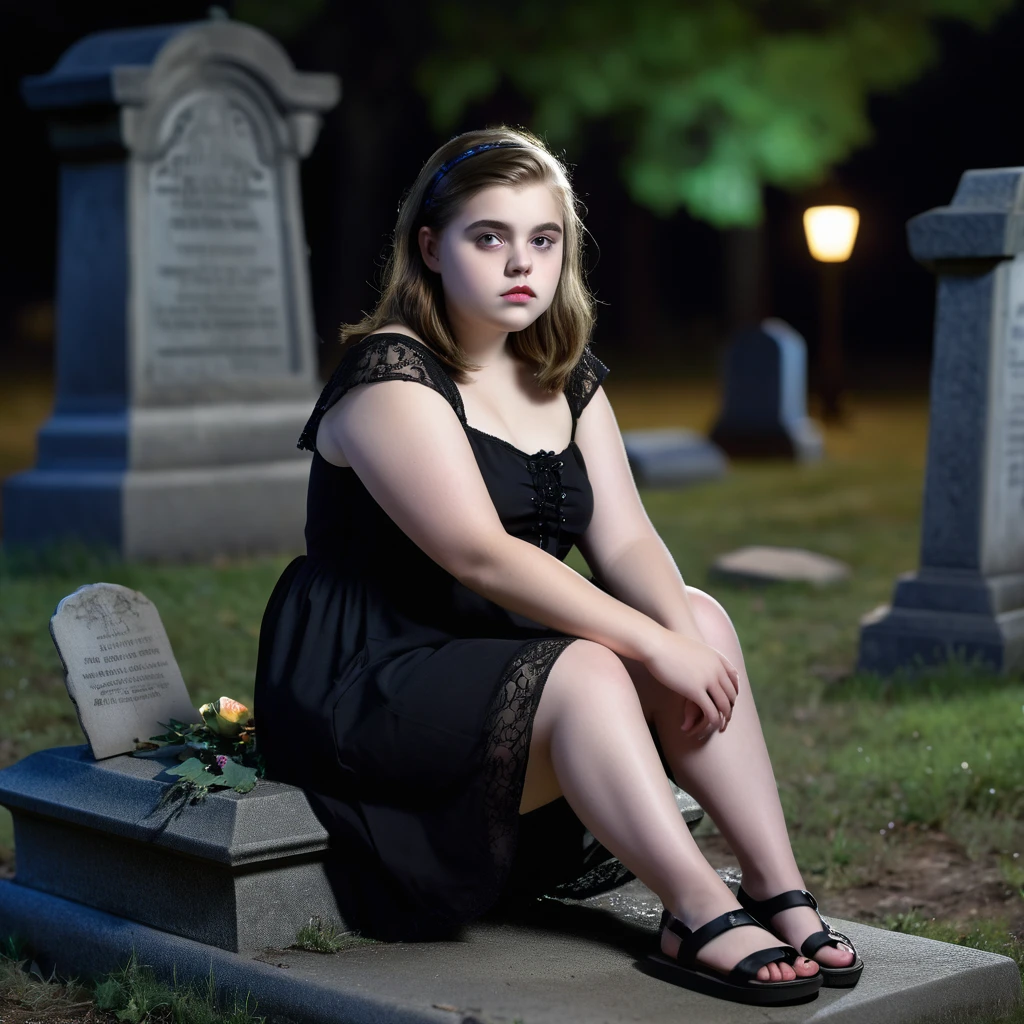 (masterpiece), (extremely intricate:1.3), (realistic), photo of a a bit chubby charming pale polish teen girl wearing a short black dress and black flip flops, (she sits on a grave), spooky graveyard at night, professional photograph of a stunning teen girl detailed, sharp focus, dramatic, award winning, cinematic lighting, volumetrics dtx, (film grain, blurry background, blurry foreground, bokeh, depth of field, night, motion blur:1.3), 4k, 8k, hd, hdr