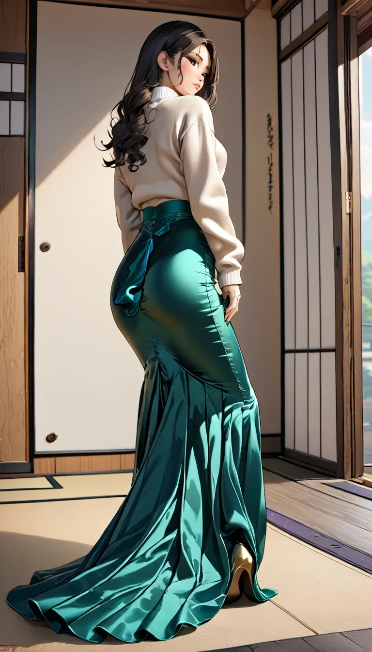 (masterpiece,Highest quality,Ultra-high resolution),Japanese women, (((Very beautiful 25 year old girl))),Long sleeve sweater、((Satin mermaid style high waist long skirt))、The skirt is ankle-length、Back view
