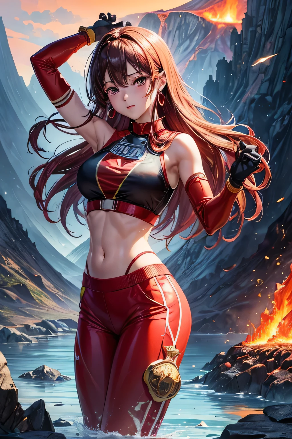 最high quality、best image quality、masterpiece、girl((20-year-old、 By becoming、vest bust、medium bust,wide open breast tea、shining eyes, water hair、long hair、thin,highest valley、red sports bra、Red sports pants,Ruby Earrings、Wristband、black gloves、seductive pose)),high quality、beautiful art、background((inflammation、volcano、magma、eruption、meteorite))、Flight、debris flies、Depth of written boundary、movie、visual art、perfect art、8K,genuine、