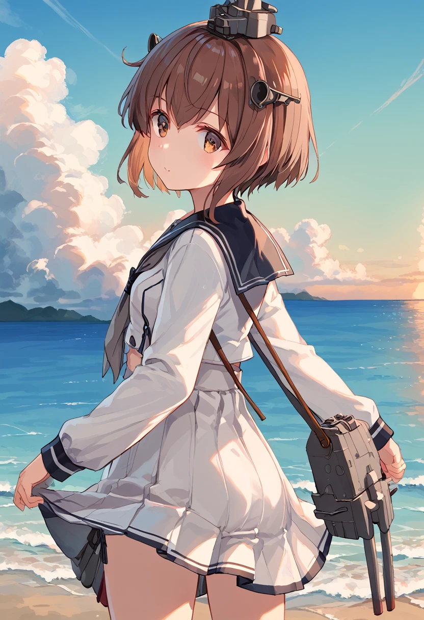 score_9,score_8_up,score_7_up,source_anime,cowboy shot,masterpiece,best quality,details background,extremely detailed,1girl,1girl,yukikaze (kancolle), brown hair, brown eyes,small breasts,short hair, sailor dress,dress,sailor collar,long sleeves,neckerchief,grey neckerchief,white dress,black sailor collar,day break,look back,sea