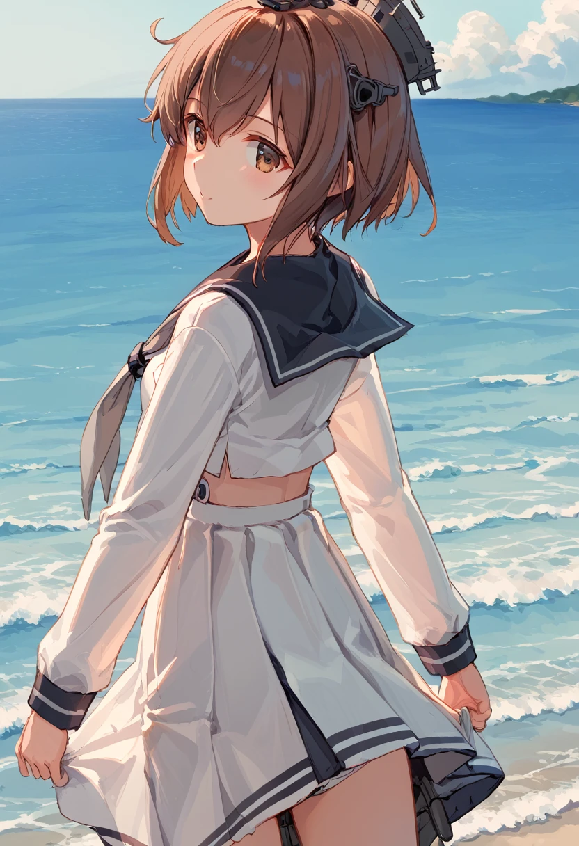 score_9,score_8_up,score_7_up,source_anime,cowboy shot,masterpiece,best quality,details background,extremely detailed,1girl,1girl,yukikaze (kancolle), brown hair, brown eyes,small breasts,short hair, sailor dress,dress,sailor collar,long sleeves,neckerchief,grey neckerchief,white dress,black sailor collar,day break,look back,sea