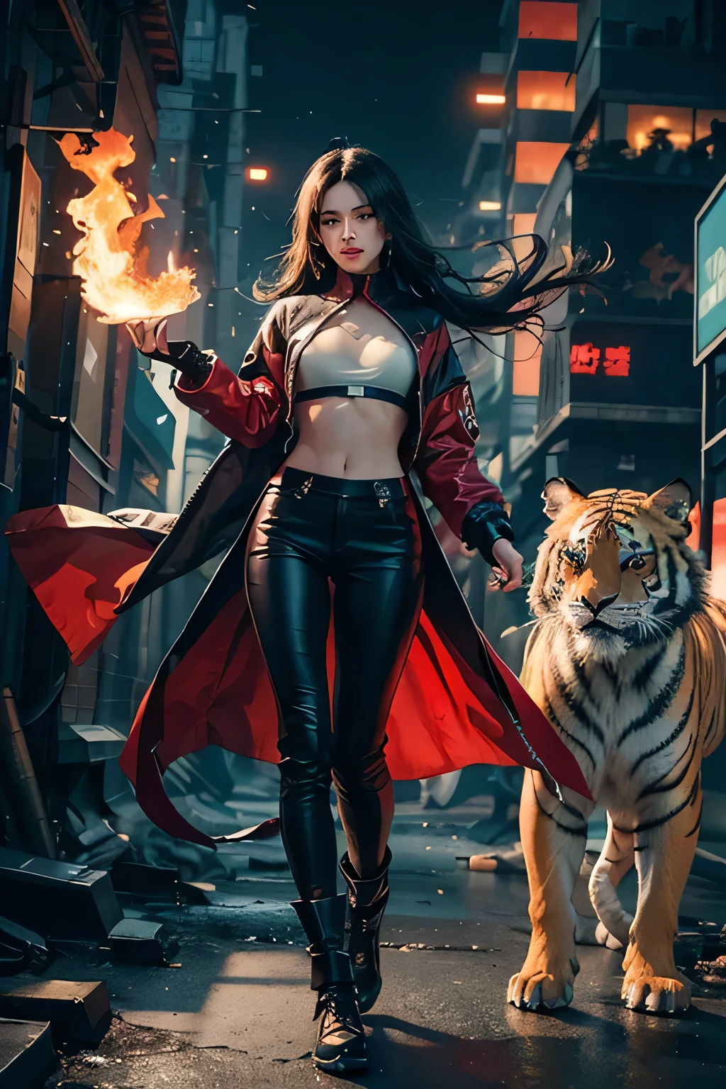 A cyberpunk girl with blue eyes, black long semi curly hair, wearing a white black red fighter-assassin, fitted long sleeve and pants attire, a vampire look, with a power of fire, water and wind, beside her is a spirit beast of tiger and dragon. Head to toe whole body posture portrait image.