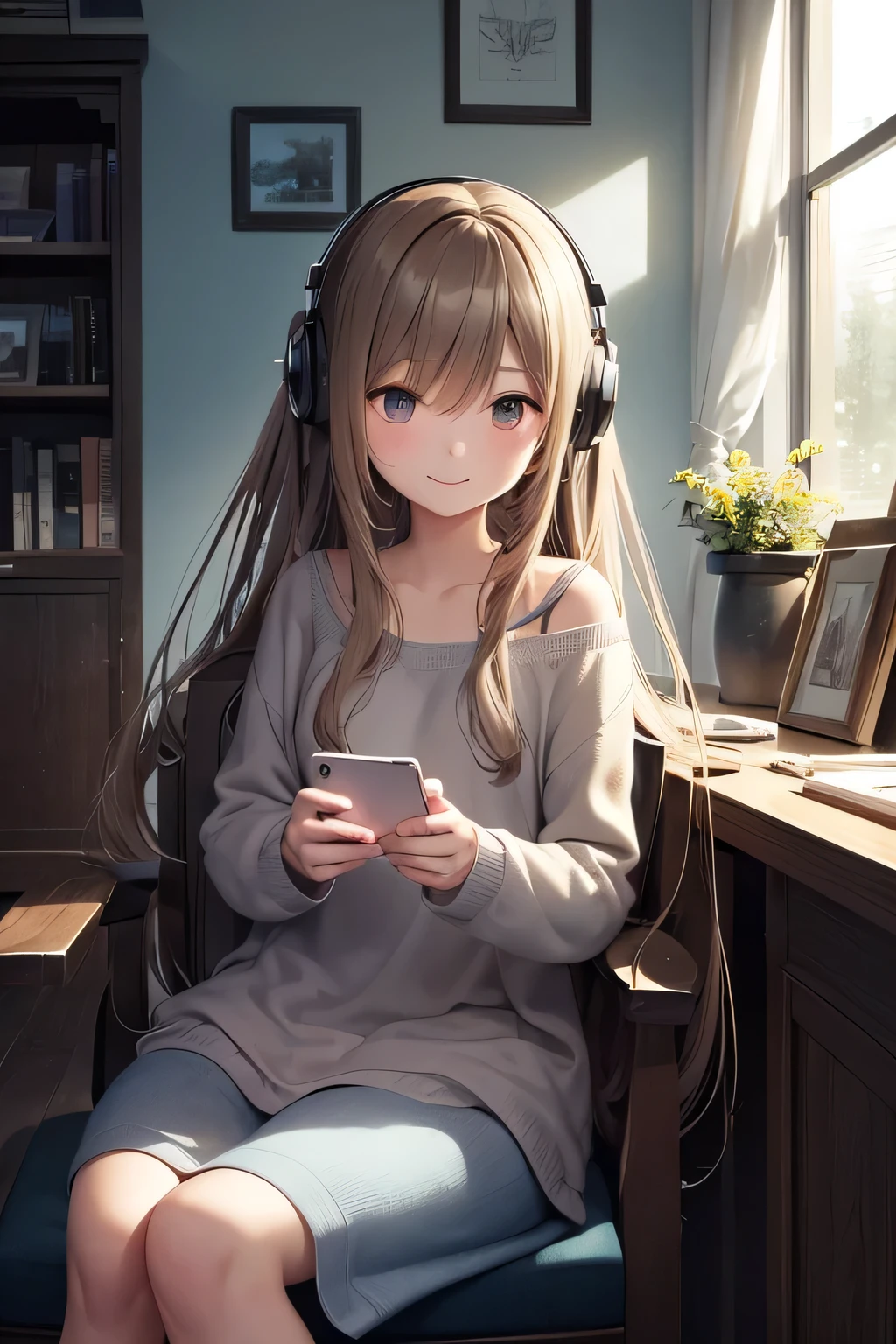 A long-haired girl wearing headphones is sitting in a room, gazing at a music box. The room has a cozy and relaxed atmosphere with warm lighting, a comfortable chair, and a small table. The girl looks mature yet cute, with a casual outfit that enhances the serene setting. The style is realistic anime, capturing a moment of quiet contemplation. The background includes details like bookshelves, posters, and a window with soft light streaming in, adding depth to the scene. smile,dressed casually