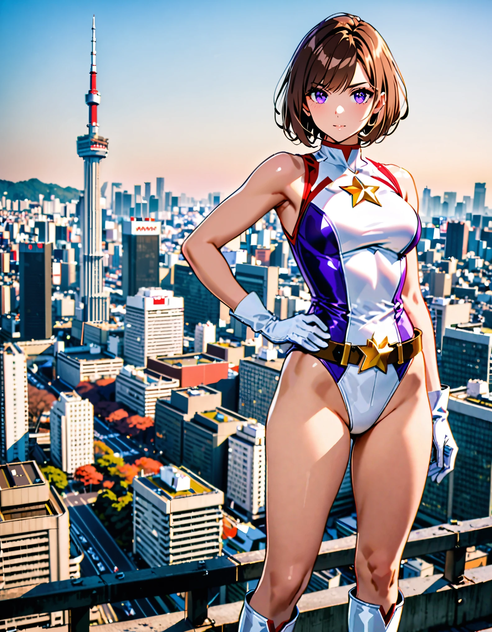 (masterpiece), (best quality), (high res), medium breasts, ((leotard, white and red leotard, matching leotard, sleeveless, bare legs)), ((tight belt, gold belt)), ((boots, matching boots, ankle-high boots, white boots)), ((gloves, white gloves)), city backdrop, tokyo city backdrop, solo, solo focus, standing, (full body), cowboy shot, superhero, ((beautiful detailed eyes)), ((gold star symbol on chest)), (brown hair, medium hair, bob hair, purple eyes), (perfect hands, perfect anatomy), cowboy shot, superhero, ((beautiful detailed eyes)), (one hand on hip), full body costume design.