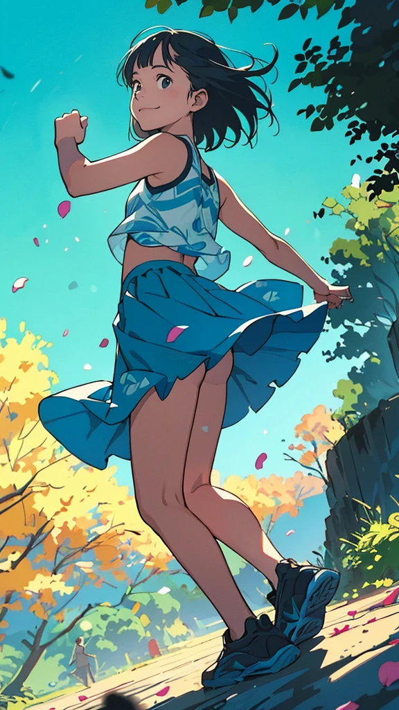 reasonable design, Clear lines, High Sharpness, (highest quality,4k,Perfect sharpness,Ultra fine,High resolution,masterpiece:1.2), Perfect Anatomy:1.5, Official Art, Illustrations that tell a story, (Whitish background:0. 9)、Body Positivity、More Mr.Physical expression、(Random and mischievous poses)、Perfect beauty、Perfect beautiful face、Strong winds、A rich expression、Dynamic composition、smile、Golden ratio composition、colorful、(Mr.Different angles and perspectives)、Anime Art、mini skirt、(Overcoming stereotypes)、 Glowing Skin、(Natural beauty)、smile、bangs、Straight Hair、(Soft and flowing hair)、(Rural Scenery)、(Nostalgic atmosphere)、Insert up to the thighs、(Playful and carefree)、(More Mr.Ethnic characters)、(innocent attitude)、(Sunny atmosphere)、Skirt flipped up、(Bright colors)、Belly button exposed、Beautiful Eyes、A skirt fluttering in the wind、Put it in to your feet、Some composition patterns、Tank top、Angle from behind、Angle from below、petal、