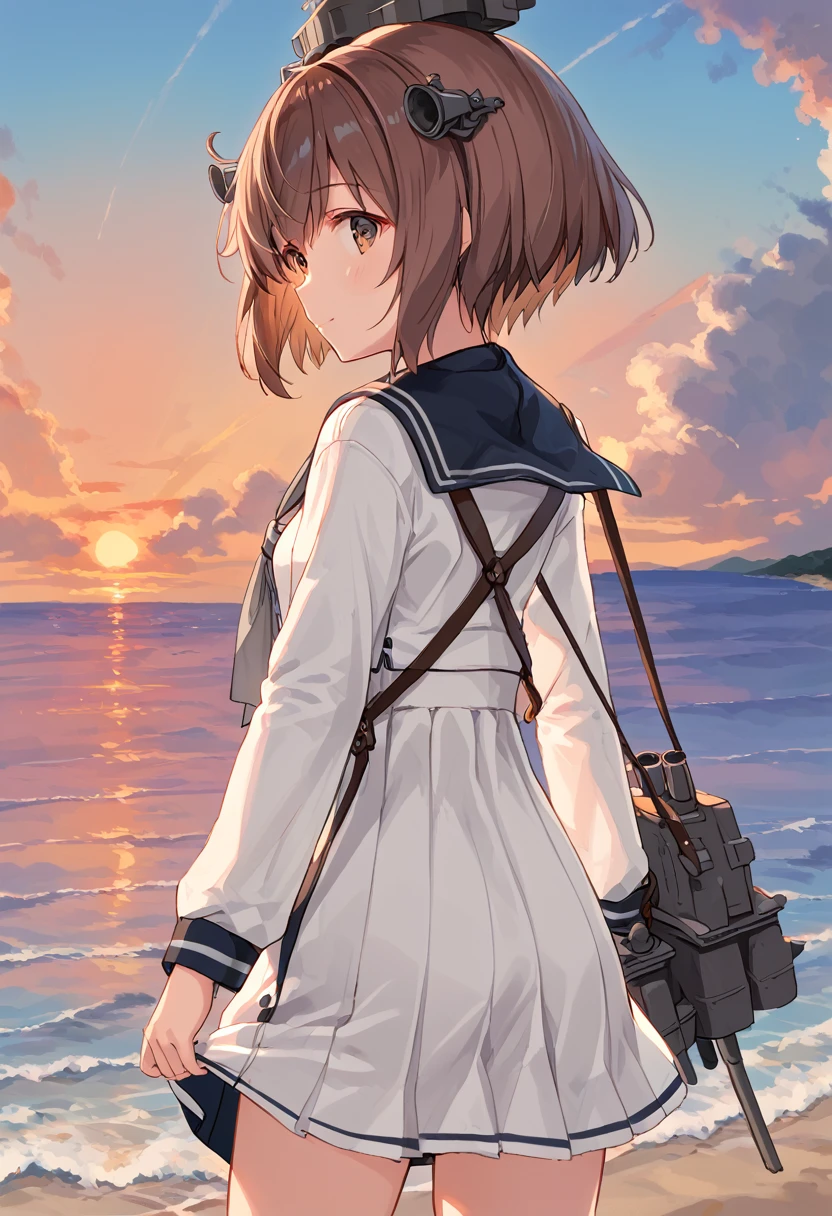 score_9,score_8_up,score_7_up,source_anime,cowboy shot,masterpiece,best quality,details background,extremely detailed,1girl,1girl,yukikaze (kancolle), brown hair, brown eyes,small breasts,short hair, sailor dress,dress,sailor collar,long sleeves,neckerchief,grey neckerchief,white dress,black sailor collar,day break,look back,sea