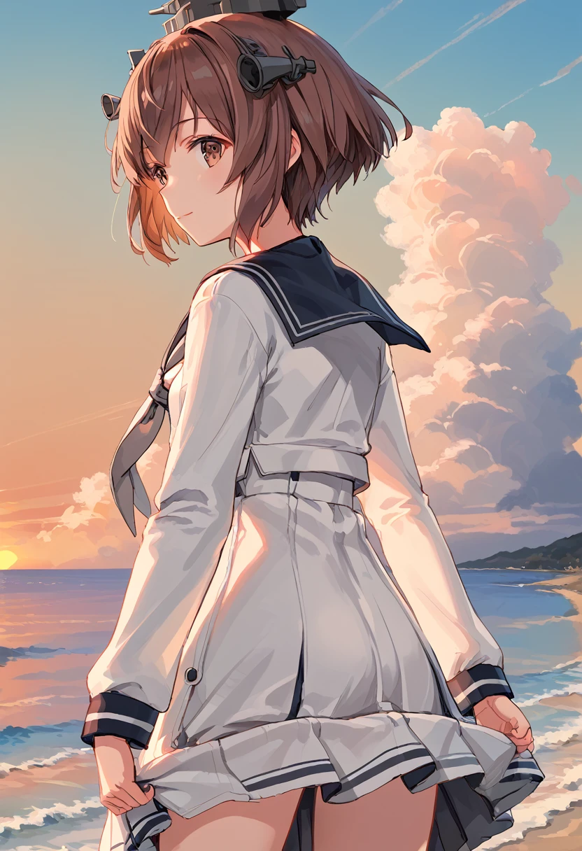 score_9,score_8_up,score_7_up,source_anime,cowboy shot,masterpiece,best quality,details background,extremely detailed,1girl,1girl,yukikaze (kancolle), brown hair, brown eyes,small breasts,short hair, sailor dress,dress,sailor collar,long sleeves,neckerchief,grey neckerchief,white dress,black sailor collar,day break,look back,sea