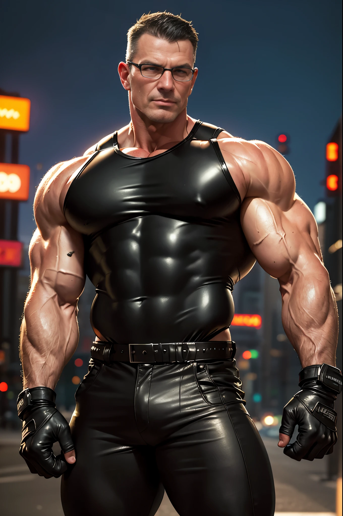 analog style, masterpiece, best quality, highres, realistic, cinematic portrait of Robert Irvine as a smug young handsome extremely muscular superhero bodybuilder with black hair wearing a black leather tank top with leather gloves and rubber pants, background a city, high detail, sharp focus, detailed background, vivid colours, steroids, heartthrob, daddy, powerful chest, smirk