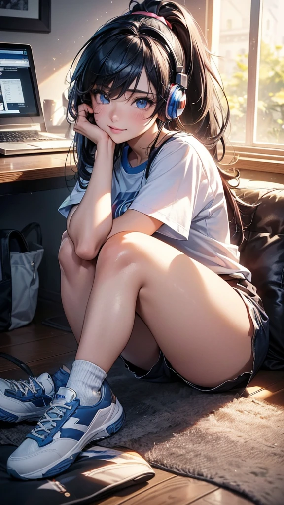 (best quality,4k,8k,highres,masterpiece:1.2),ultra-detailed,(realistic,photorealistic,photo-realistic:1.37),HDR,UHD,studio lighting,ultra-fine painting,sharp focus,physically-based rendering,extreme detail description,professional,vivid colors,bokeh,portraits,anime,photography,pink tones,warm lighting 1girl, solo, detailed eyes, detailed lips, extremely detailed eyes and face, long eyelashes, long dark blue hair in a ponytail with side bangs, small , in an oversized anime T-shirt, blue booty shorts, long socks, sneakers, sitting at a computer desk, headphones on head, smiling