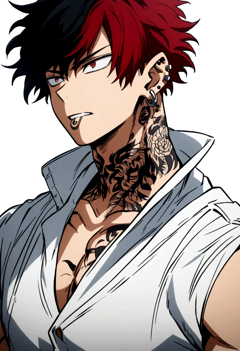 boy, white tone, black hair with a little red hair, tattooed on the neck, piercings in the mouth and ears, red eyes, with a not so exaggerated muscular body, boku no hero anime style