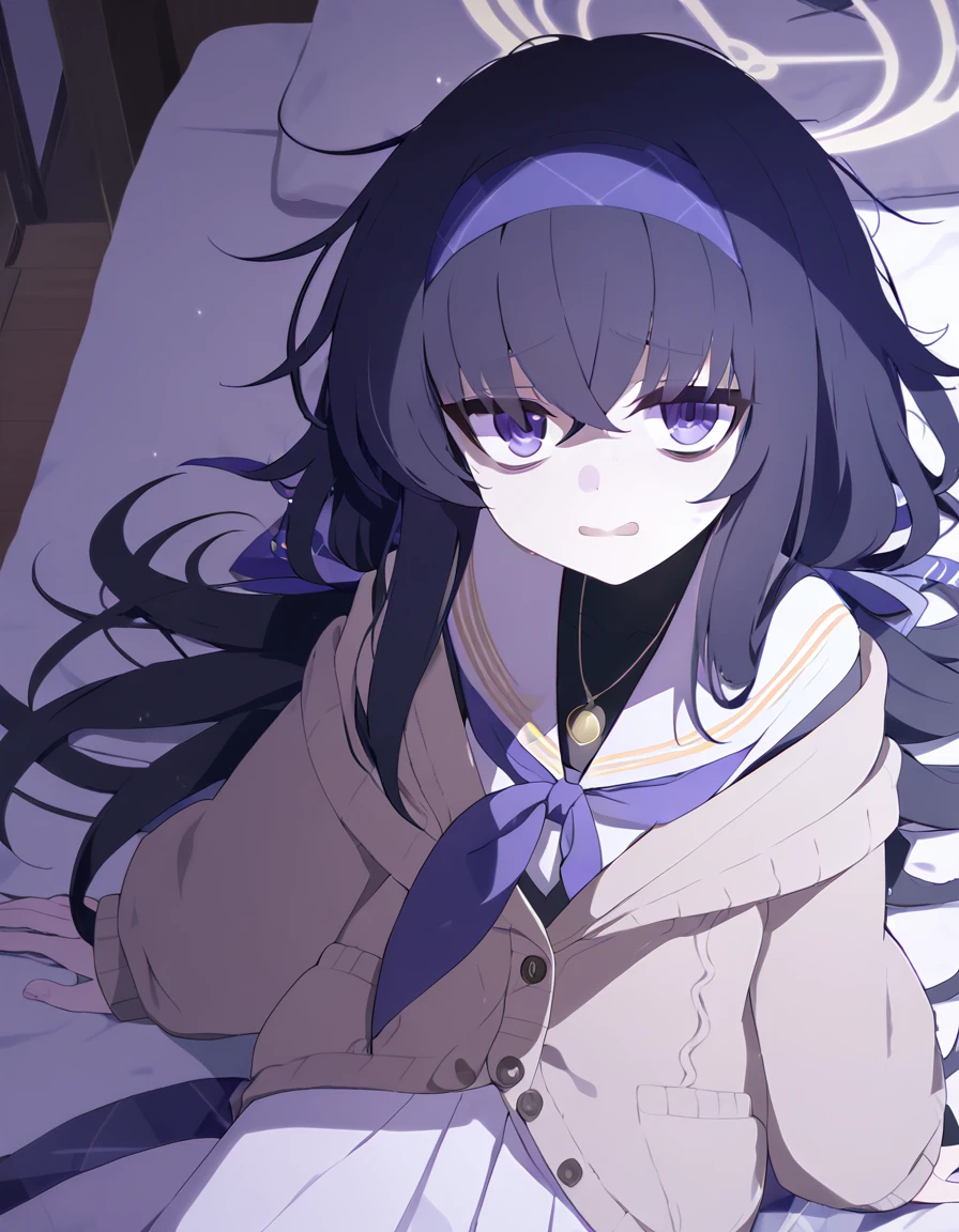 Troubled face, frustrated eyes (bed, bed room), ui kozeki, (bags under eyes), black hair, (purple eyes:1.5), halo, long hair, 1girl, solo, Ui_(Blue_Archive), black pantyhose, black undershirt, blue hairband, blue neckerchief, brown cardigan, brown sweater, cardigan, hairband, long sleeves, messy hair, neckerchief, pantyhose, sailor collar, , serafuku, sweater, white sailor collar, white serafuku, skirt, long skirt, looking at viewer, smile,