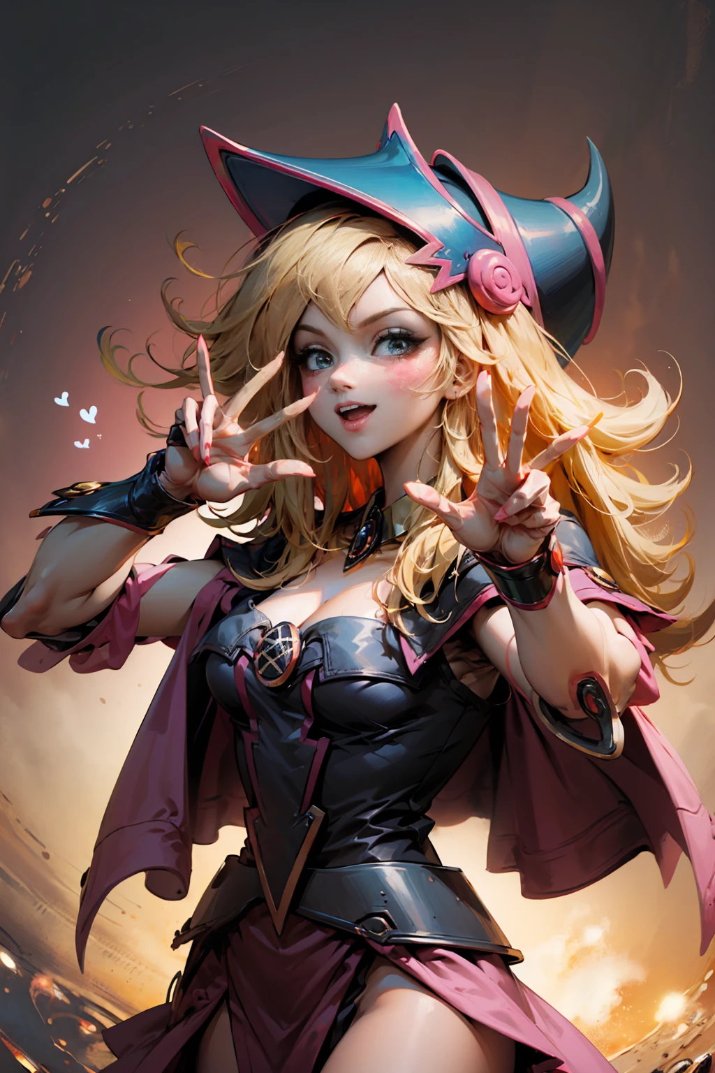 Beautiful dark magician gils. With his hands he makes the sign of love and peace. He has one eye closed and the other open, open voice sticking out the tongue. Gesture of satisfaction and sensuality. pose sexy