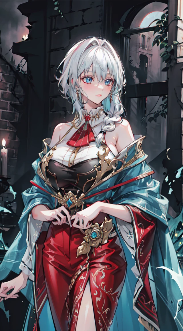 "4K, A dark ruin with no light., There was a mature and elegant woman., white hair, half braided hair, black eyes, Big breasted, wearing a magic and a red robe., She looks cool, She has a seductive smile.."