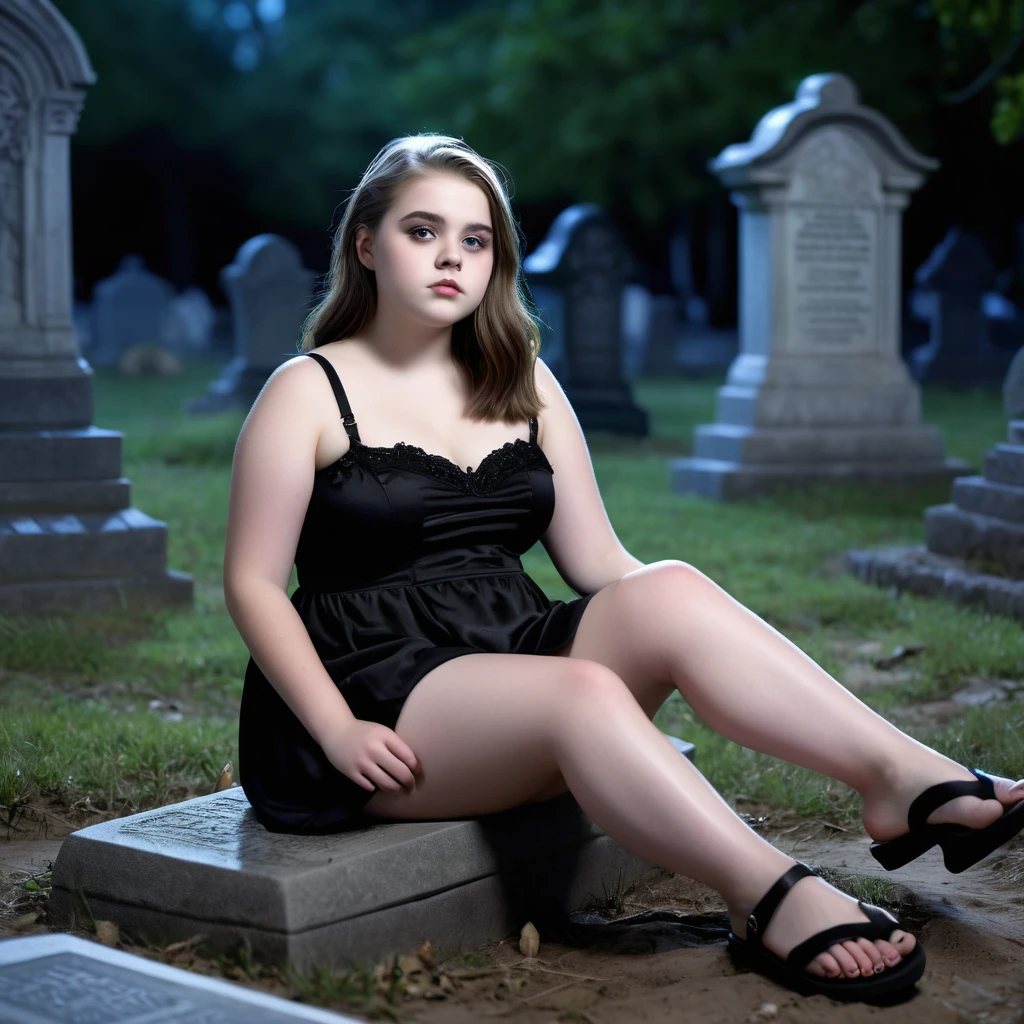 (masterpiece), (extremely intricate:1.3), (realistic), photo of a a bit chubby charming pale polish teen girl wearing a short black dress and black flip flops, high detailed toes,(she sits on a grave), spooky graveyard at night, professional photograph of a stunning teen girl detailed, sharp focus, dramatic, award winning, cinematic lighting, volumetrics dtx, (film grain, blurry background, blurry foreground, bokeh, depth of field, night, motion blur:1.3), 4k, 8k, hd, hdr