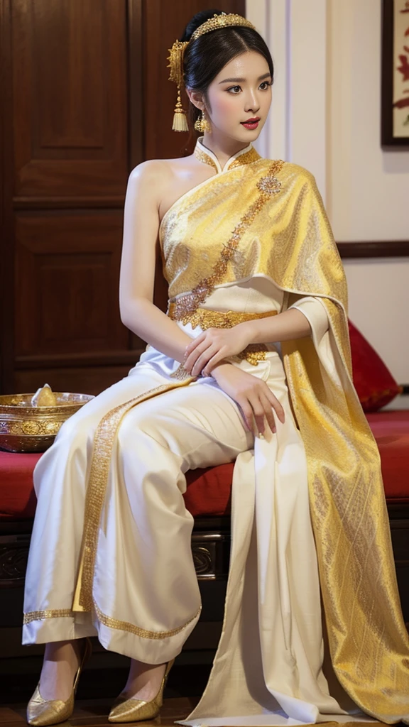 An insanely seductive Chinese actress in a white traditional Thai dress, Sukhothai costume, in style of Thawan Duchanee, beautiful and elegant, white royal dress, decorated with gold, Thai fine art, Thai pattern.