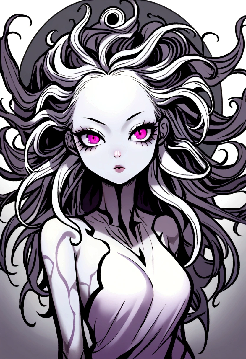 Mujer de pelo largo, tan largo que llegaba al suelo, ondulado, y de color blanco, her skin extremely pale and soft, sin imperfecciones, ojos color rojo, long eyelashes, small and profiled nose, y unos labios pomposos y deliciosos, con un cuerpo lindo, vestido blanco y estilo anime de boku no hero