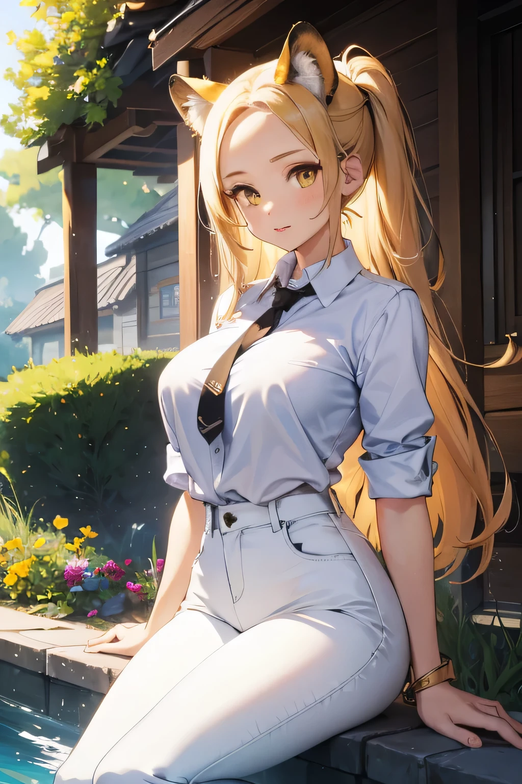 1 girl, single girl, cute, short brown-yellow hair, yellow eyes, big breasts, big hips, cheetah ears, cheetah tail, white blouse, wide brown pants, in a mansion, in a garden