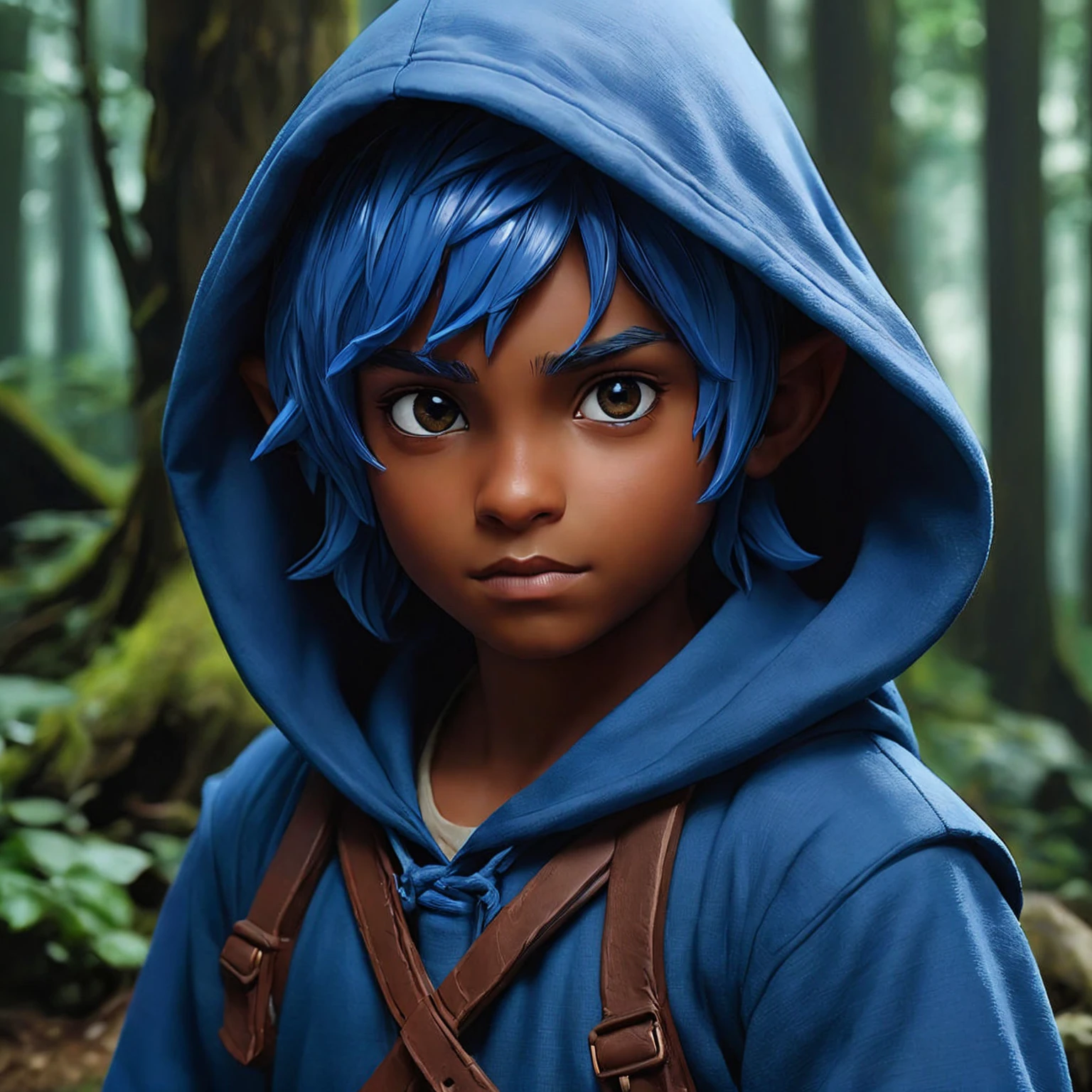 hobbit brown skin, with blue hood