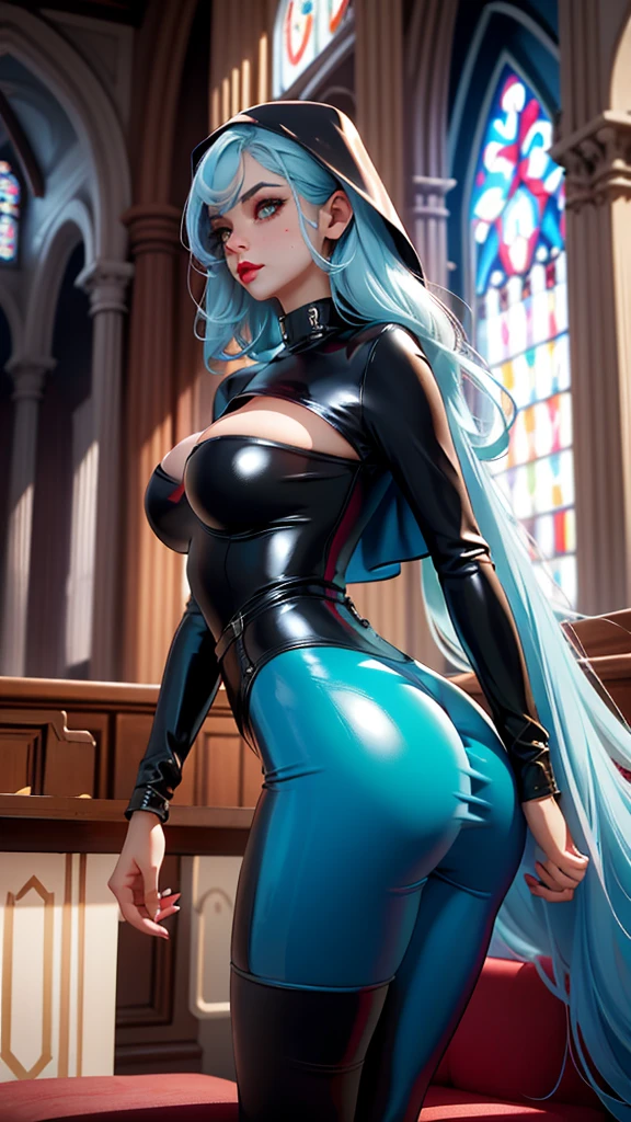 Best quality, Masterpiece, Portrait, Perfect anatomy, Femininity, Cool, Flawless, , Solo, Sexy, Stylish, Mature, Long light blue hair, Mole above lip, Red lipstick, big grul, nun look, latex outfit, in church, sexy breast piercing