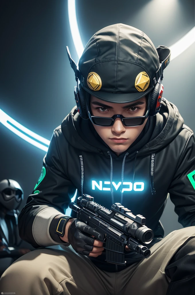 Create a dynamic 3D gaming logo with a character, a masked boy with glasses sits holding a shiny rifle and a shiny video game controller, um cacto monstro. Posicione 'JOHNATA_Tv' em negrito branco no centro, irradiando intensidade, e adicione 'Games Retro' abaixo para um toque brilhante.