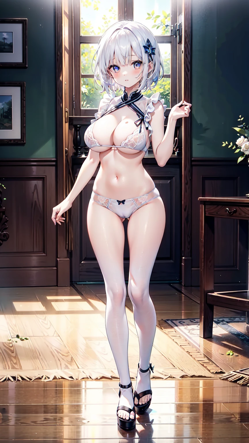 woman,Standing pose with full body,Exaggerated Action,White underwear,White tong,White short hair,Pale skin、Pale skin、 detailed脸,Fewer decorations,Multiple expressions,Very detailed,White transparent underwear,White transparent underwear,Perfect body,Big boobs、prettyeyes,Random Hairstyle,较Big boobs,Full view,Color All,Eye detail enhancement,Volume View,White sandals, Uniformity,Meiji、End of breast,Meiji、End of breast,End of breast,terminal、beautiful女人,Natural conditions,Perfect hands、Maximum resolution、quality、Maximum resolution、quality、(masterpiece)、The face is particularly detailed、The original person、完美而beautiful照明、Best colorful、beautiful、detailed、Ultra-high resolution、Lots of natural light and optimal color tones、In-depth characterization(quality、Extremely fine details:1.4)