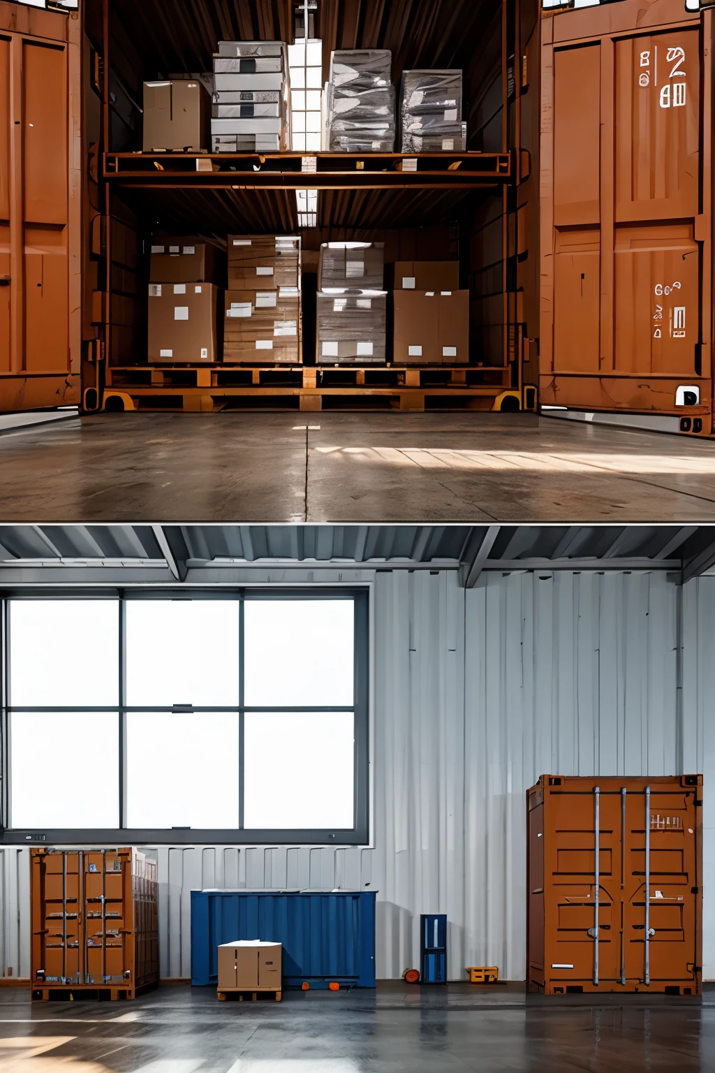 Generate images of warehouse with containers and two sitting working on laptop