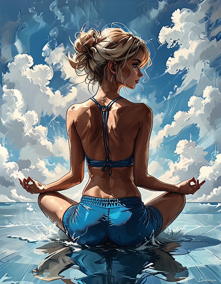 
((back view)), girl sitting in lotus pose on the surface of the water against the background of clouds, 
turned around, turn about, surprise,
 sitting on the water, back view girl sits in the lotus position, cloud, sea line, only water and clouds,
girl in blue Half top wrestler and blue Elastic shorts turn about,, adult, [Nordic], Hourglass elongated fitness body, perfect Olive skin, Oval Face, Long neck, Rounded shoulders, perfect hand,  Attached Pointed ears, round forehead, (Short blonde Waves pixie hair), snub nose, Arched eyebrows, Monolid blue Eyes, High Round Narrow cheekbones, Dimpled Cheeks, Rounded Chin, Rounded Jawline, Fine Puppet Wrinkles, Full nude Lips, (blue eyes), Nude Makeup Look, long eyelashes, Profile Angle, bare broad shoulders, Sagittal Plane Curves, blades shoulders, spinal line, well trained back, fitness round ass, back dimples,    
 graphic style of novel comics, 
2d, 8k, iMax, hyperrealism, masterpiece, high resolution, best quality, ultra-detailed, super realistic, Hyperrealistic art, high-quality, ultra high res, highest detailed, lot of details, Extremely high-resolution details, incredibly lifelike, colourful, 