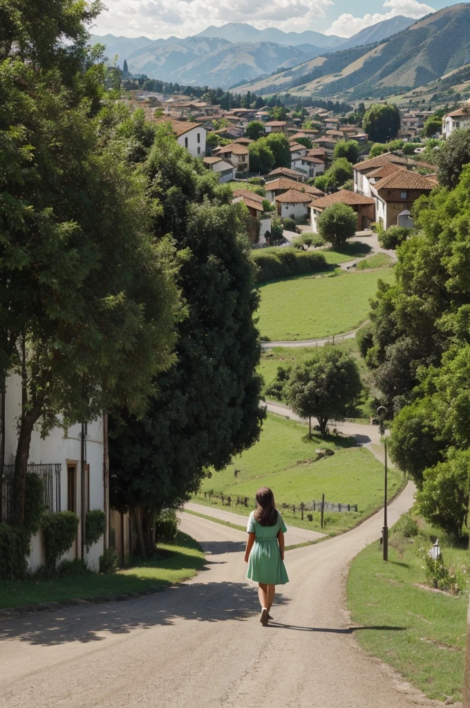 A picturesque town with green hills and serene rivers in the background. Casas con tejados rojos y calles adoquinadas. Sofia, a girl with brown hair and an insecure expression, caminando por la calle principal. Your friends are close, pero Sofia se siente apartada.