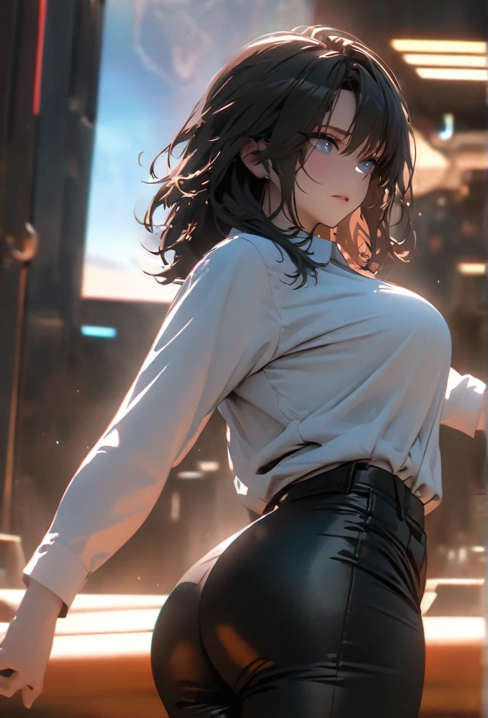 (solo), black hair, messy hair, mane hair, medium hair, dense hair, wild hair, expressive hair, ponytail, mature,(25 year old), pale skin, blue eyes, ((Female)), beatiful girl, wearing a white shirt, open shirt, tight clothes, long black pants, rolled up sleeves, beautiful, attractive, large breast, and round and big ass, Holding a katana, eye reflection, depth of field, thunder aura, cinematic lighting, ray tracing, depth of field, cinematic lighting, ray tracing, UHD, high details, best quality, highres, high quality, award winning, super detail, masterpiece, 8k, UHD, high details, best quality, highres, high quality, award winning, super detail, masterpiece, 8k, digital art, anime coloring, body shot, good face, perfect face, detailed face, good eyes. Space and planets background