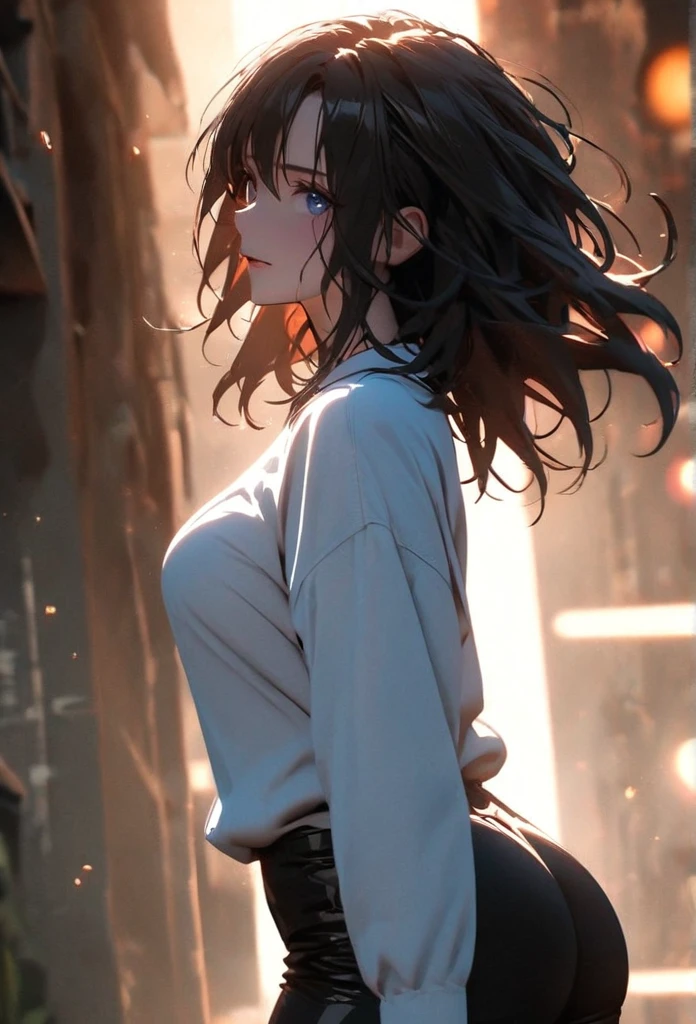 (solo), black hair, messy hair, mane hair, medium hair, dense hair, wild hair, expressive hair, mature,(25 year old), pale skin, blue eyes, ((Female)), beatiful girl, wearing a white shirt, open shirt, long black pants, beautiful, attractive, large breast, big ass, eye reflection, depth of field, thunder aura, cinematic lighting, ray tracing, depth of field, cinematic lighting, ray tracing, UHD, high details, best quality, highres, high quality, award winning, super detail, masterpiece, 8k, UHD, high details, best quality, highres, high quality, award winning, super detail, masterpiece, 8k, digital art, anime coloring, body shot, good face, perfect face, detailed face, good eyes. Space and planets background