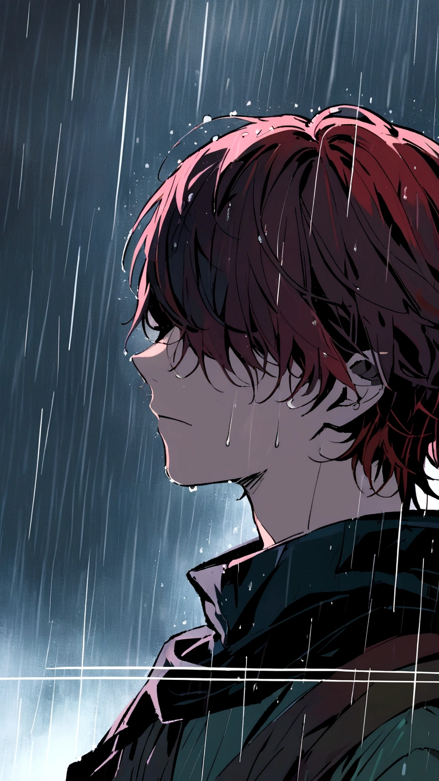 Male Character, teenager, short red hair, male medieval clothing, neutral facial expression, no eyes, eyes do not appear, hair covering eyes, body sideways, face sideways, looking at the sky, character wet by rain, tears in the rain, dark background, night, raining, raindrops, cold colors, dark colors, sad