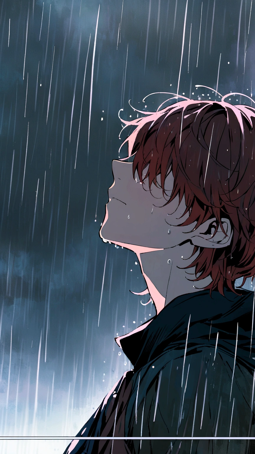 Male Character, teenager, short red hair, male medieval clothing, neutral facial expression, no eyes, eyes do not appear, hair covering eyes, body sideways, face sideways, looking at the sky, character wet by rain, tears in the rain, dark background, night, raining, raindrops, cold colors, dark colors, sad