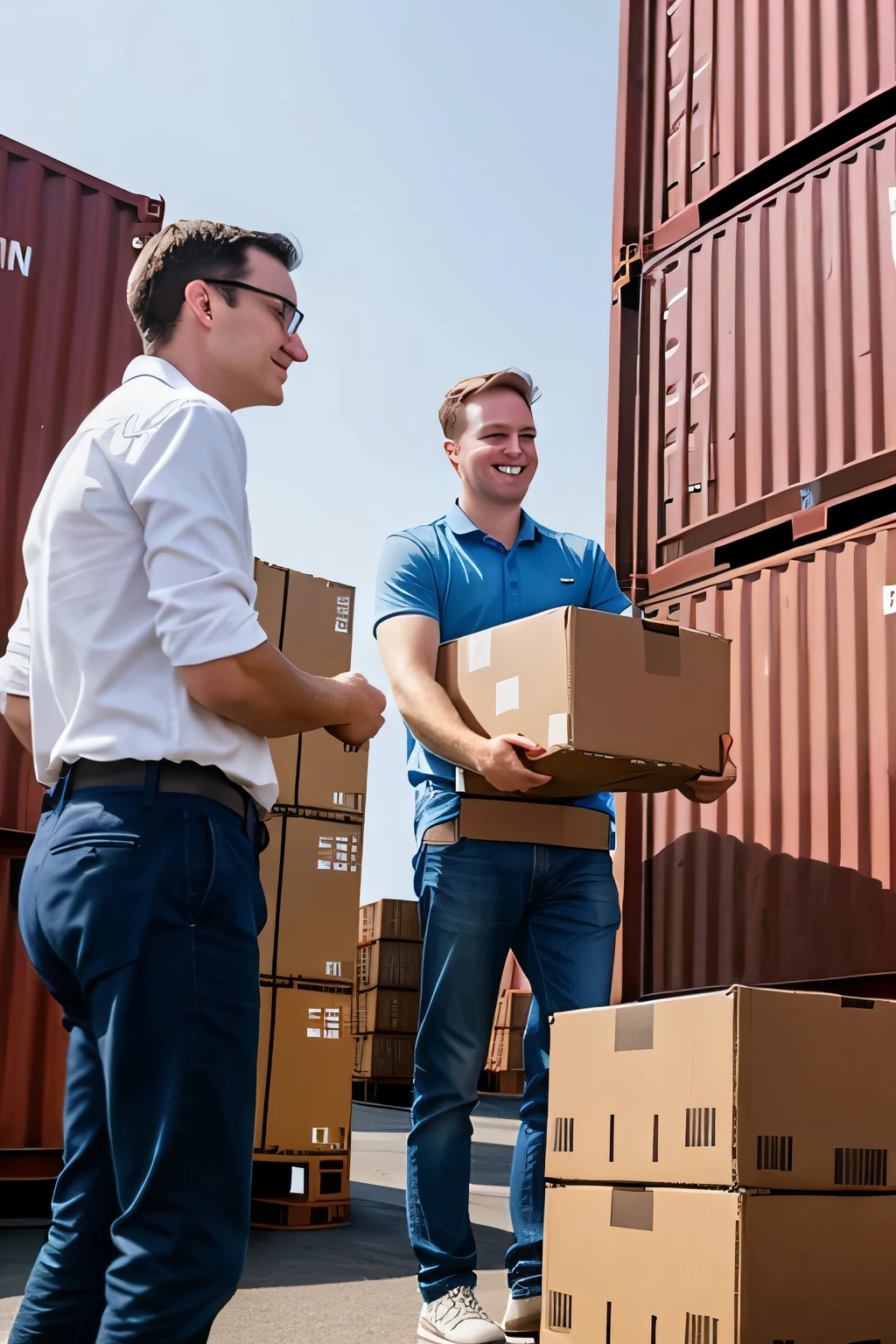 White male parents working on containers unloading merchandise importers and in office