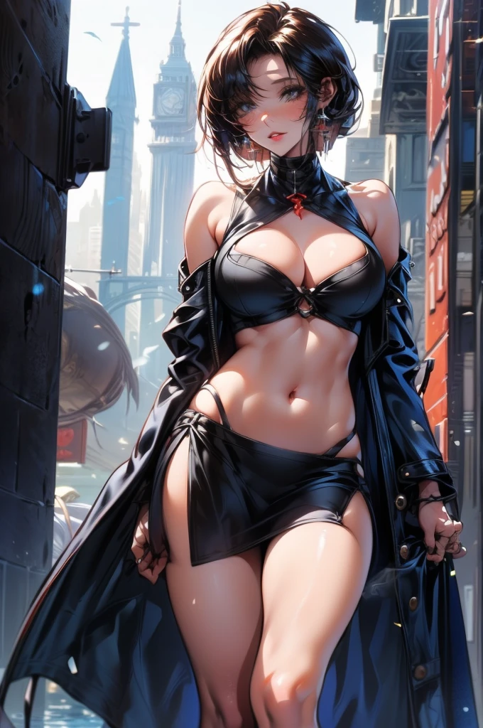 Ultra detailed sexy girl dressed in mini dress, black stockings, boots, great cleavage, Robe sexy noire et rouge, realistic and detailed eyes, context of destroyed world, evil queen, looking directly at the camera, souriant avec satisfaction, longs ongles noirs, High quality shaded illustration, corps entier, pose dynamique, anatomie parfaite, centered, Freedom, soul, Approach of perfection, Ombrage de cellule, 8k, Cinematic dramatic atmosphere, Water color painting, global illumination, detailed and intricate environment, ArtStation , conceptual art, mise au point fluide et nette, volumetric lighting, cinematic lighting
