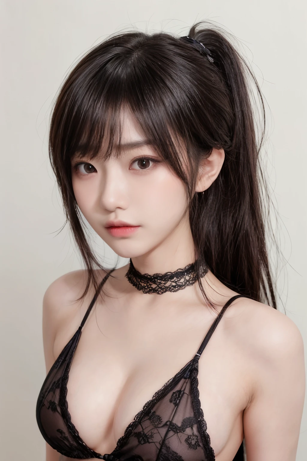 20-year-old woman、Black-haired、(ponytail:1.3)、Dark Theme、Calm colors調、Calm colors、High Contrast、(Natural skin texture、Hyperrealism、Soft Light、sharp)、(Masseter region:1.3)、(8k、Realistic、RAW Photos、Highest quality: 1.4)、Beautiful expression、(Lively Faces)、Beautiful Hairstyles、Realistic eyes、Beautiful details、(Realistic Skin)、Beautiful skins、(White ugly lace bodysuit)、Absurd、Charm、超High resolution、Surreal、High resolution、Golden Ratio、Medium Chest、Supermodel