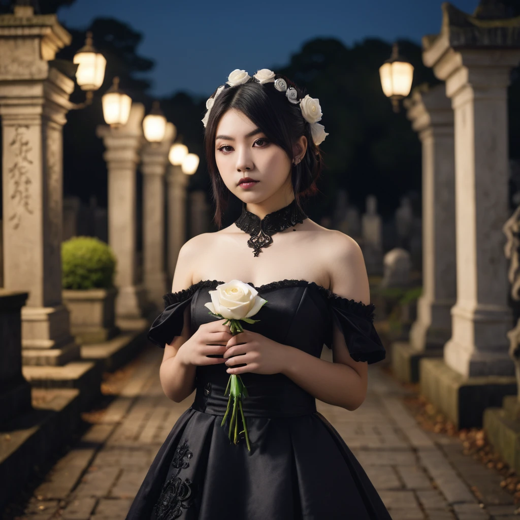 (masterpiece), (extremely intricate:1.3), (realistic), photo of a a bit chubby charming pale Japanese teen girl wearing a short black shoulderless gothic dress holding a white rose, (baroque hairstyle), plan american, spooky graveyard at night, professional photograph of a stunning teen girl detailed, sharp focus, dramatic, award winning, cinematic lighting, volumetrics dtx, (film grain, blurry background, blurry foreground, bokeh, depth of field, night, motion blur:1.3), 4k, 8k, hd, hdr