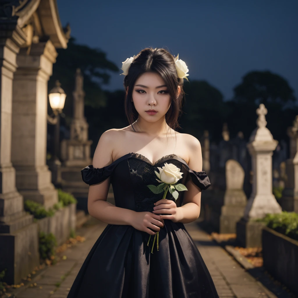 (masterpiece), (extremely intricate:1.3), (realistic), photo of a a bit chubby charming pale Japanese teen girl wearing a short black shoulderless gothic dress holding a white rose, (baroque hairstyle), plan american, spooky graveyard at night, professional photograph of a stunning teen girl detailed, sharp focus, dramatic, award winning, cinematic lighting, volumetrics dtx, (film grain, blurry background, blurry foreground, bokeh, depth of field, night, motion blur:1.3), 4k, 8k, hd, hdr