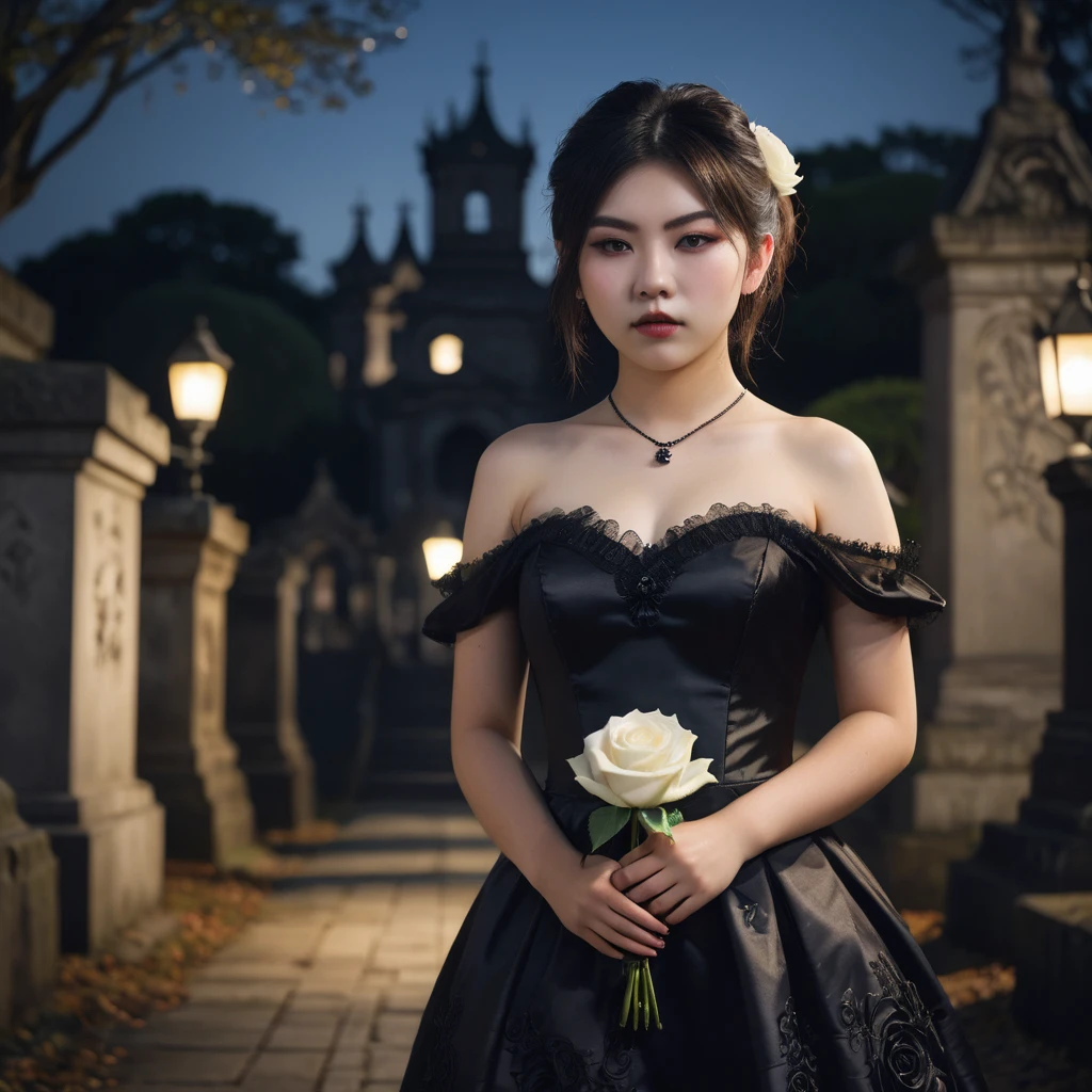 (masterpiece), (extremely intricate:1.3), (realistic), photo of a a bit chubby charming pale Japanese teen girl wearing a short black shoulderless gothic dress holding a white rose, (baroque hairstyle), plan american, spooky graveyard at night, professional photograph of a stunning teen girl detailed, sharp focus, dramatic, award winning, cinematic lighting, volumetrics dtx, (film grain, blurry background, blurry foreground, bokeh, depth of field, night, motion blur:1.3), 4k, 8k, hd, hdr
