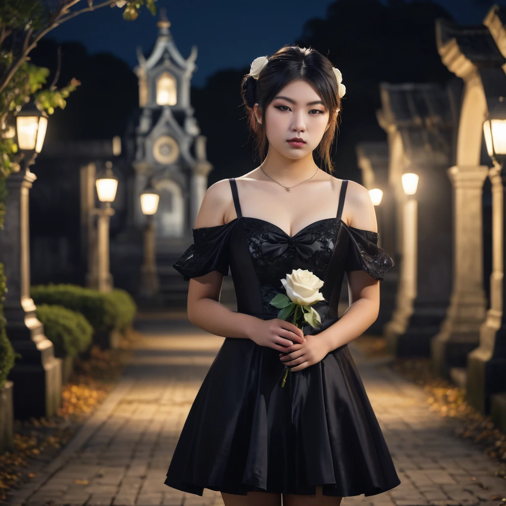 (masterpiece), (extremely intricate:1.3), (realistic), photo of a a bit chubby charming pale Japanese teen girl wearing a short black shoulderless gothic dress holding a white rose, (baroque hairstyle), plan american, spooky graveyard at night, professional photograph of a stunning teen girl detailed, sharp focus, dramatic, award winning, cinematic lighting, volumetrics dtx, (film grain, blurry background, blurry foreground, bokeh, depth of field, night, motion blur:1.3), 4k, 8k, hd, hdr