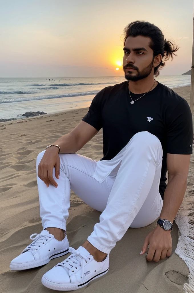 A man wearing a black  t

Tshirt white jeans and white sneakers and Rolex watch in his hamdand watching sunset in beach with messy hairstyle cartoonish