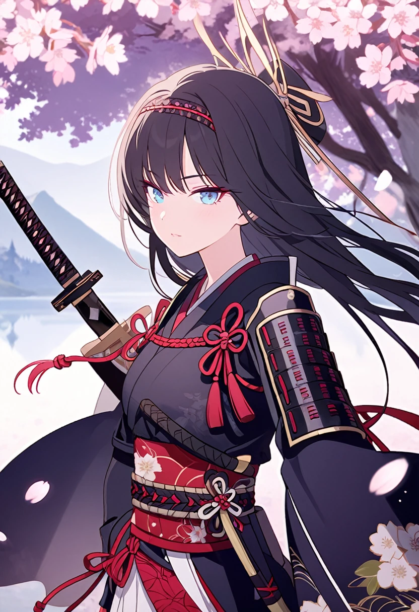 A stunningly beautiful young woman, adorned in the traditional garb of a samurai warrior. Her long, raven-black hair flows freely down her back, accentuating her delicate yet strong features. She stands confidently, her body poised and ready for battle. Her skin is flawless, a testament to her impeccable grooming and dedication to her craft. Her eyes pierce through the viewer, a mix of determination and wisdom that belies her years. She is clad head-to-toe in intricately crafted armor, polished to a mirror-like shimmer. The breastplate and shoulder guards are adorned with delicate floral designs, symbolizing her devotion to the bushido code. Her katana, the iconic sword of the samurai, hangs confidently at her side, its gleaming blade catching the light just right. Her accessories include a beautifully crafted bow and quiver, a nod to her proficiency in archery, and a small dagger tucked into her sash. The background of the image shows a serene mountain landscape, dotted with cherry blossom trees in full bloom, symbolizing the fleeting nature of life and the beauty that can be found even in the face of adversity.