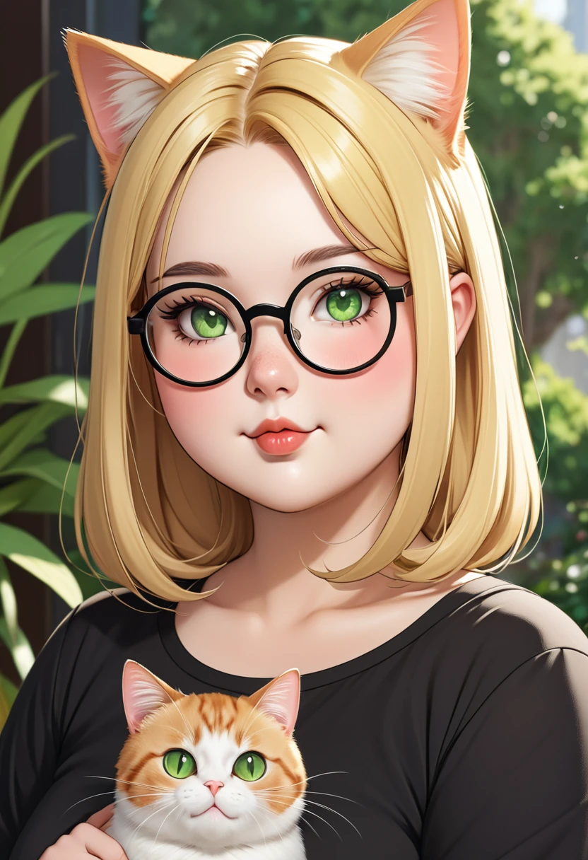 chubby girl, Blonde with green eyes, medium length hair, open forehead, round facial features, glasses with black square frames 
Китайский стиль одежды
Кошачьи уши, cat tail 