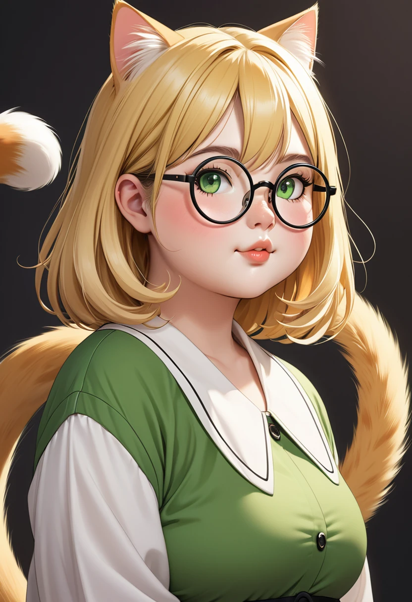 chubby girl, Blonde with green eyes, medium length hair, open forehead, round facial features, glasses with black square frames
Китайский стиль одежды
Кошачьи уши, cat tail
